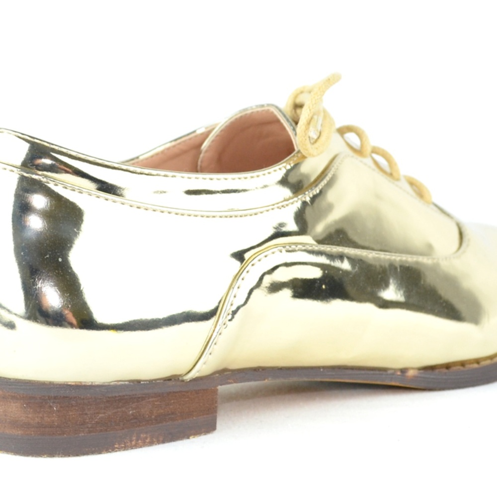 NEW Women's Gold Lace Up Low Stacked Heel OXFORD - Picture 3 of 5